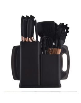 Комплект кухненски прибори от 33 части със стойка, силикон за храна и дърво